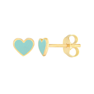 14K Solid Yellow Gold Small Turquoise Enamel Heart Stud Earrings