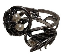 Vintage Mary Schiff Hing Bracelet Silver Tone Faux Pearls Floral Leaves Design