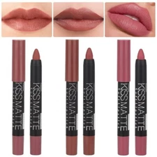 3Pcs Nude Beige Matte Lip Liner Crayon Pencil and Lipstick Set Chestnut Brown...