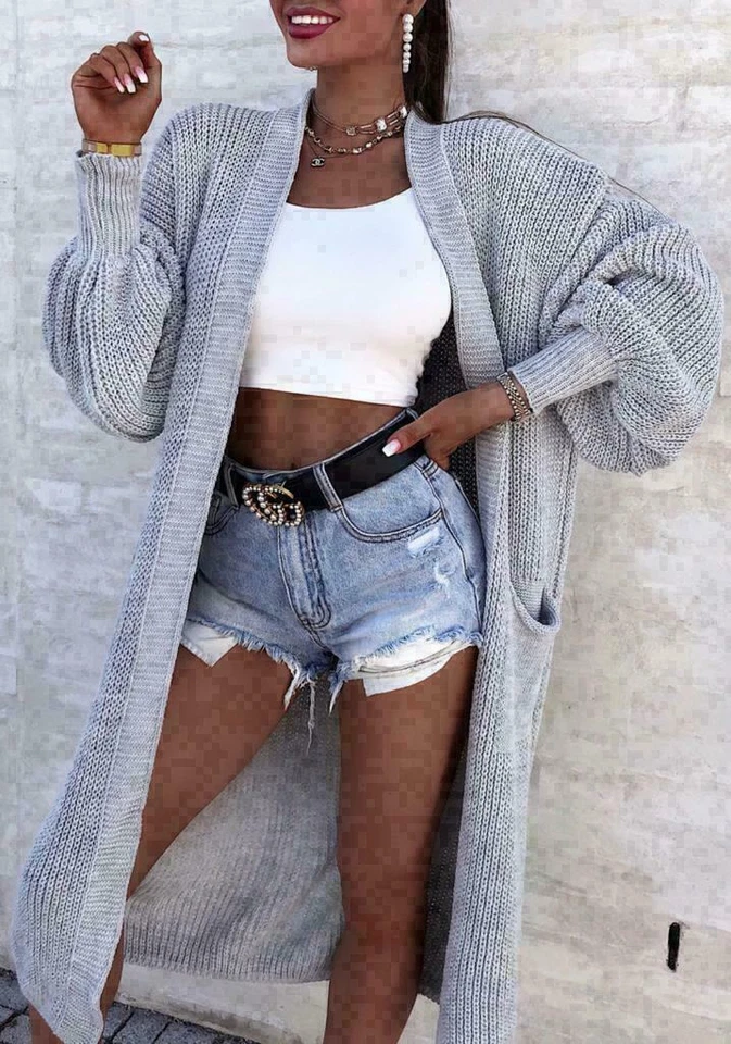 Women Chunky Knitted Oversized Cardigan Ladies Balloon Sleeve Long Maxi Cardigan - Image 3 of 4