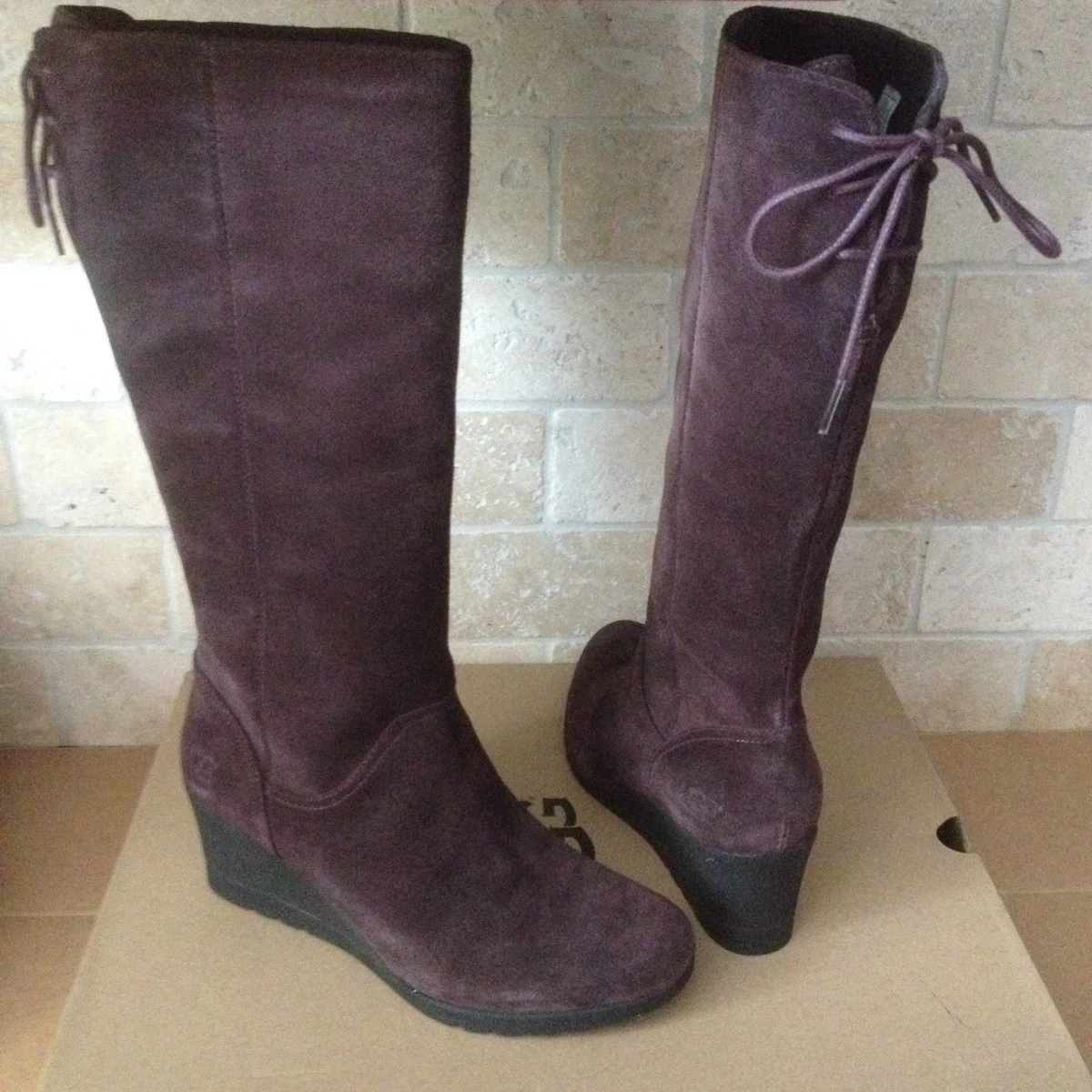 UGG Dawna Stout Brown Waterproof Suede Bow Wedge Knee High Boots