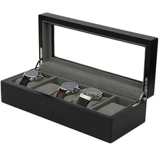 Watch Box 5 Black Ash Large Compartments Extra Clearance Glass Top TS6100ESBK