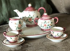 Dollhouse Mini Tea Set- Pot, Cups, C&S, Plate Floral Porcelain China Gold Rims