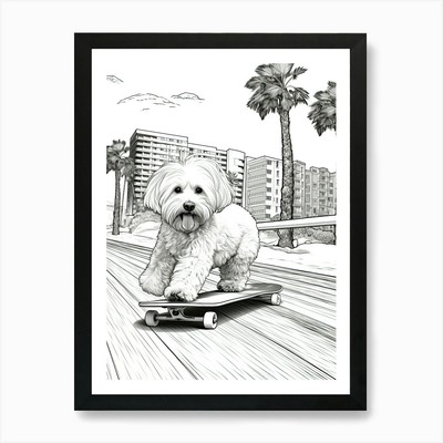 Havaneser Hund Skateboarding Line Art gerahmtes Wandbild Poster Leinwanddruck Bild