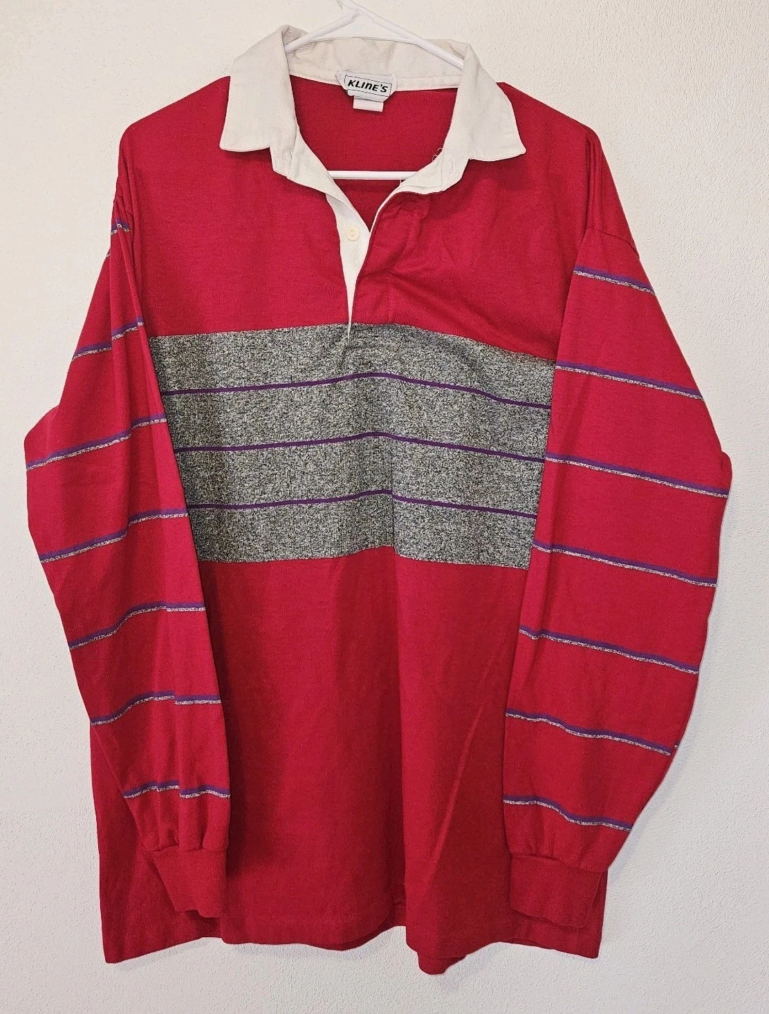 Vintage Klines Rugby Shirt Men’s T-1XL Striped Polo Long Sleeve Red Purple Gray