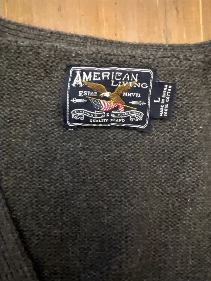 Cárdigan Suéter American Living Talla L Gris Oscuro Tejido Algodón Manga Larga Cuello en V Foto 3 de 4