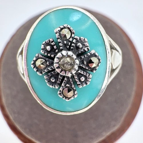 VTG Solid Sterling Silver 925 Turquoise & Marcasite Statement Ring Size 8.75