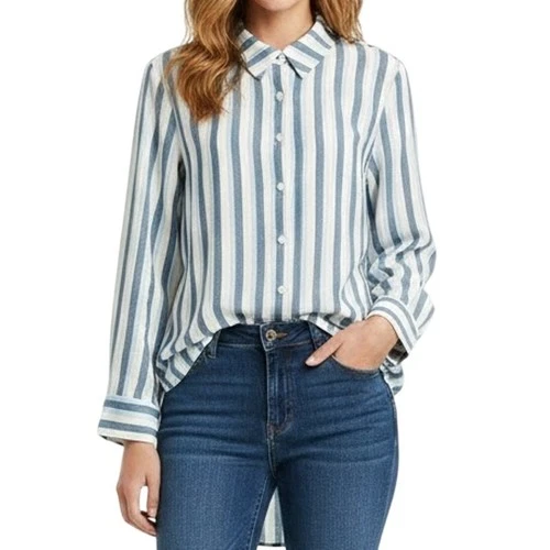 Emi & Joe Blue Cream Pinstripe Button Up Blouse Top Size M High-Low Indie Preppy
