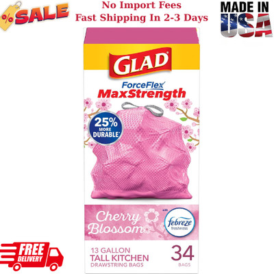 Glad 13 Gal. ForceFlex MaxStrength Tall Kitchen Drawstring Cherry Blossom, 34 Ct