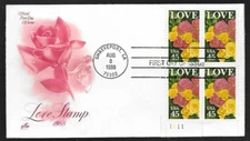 ROSES LOVE STAMP 1988 ARTCRAFT CACHET  PLATE#BLOCK FDC UNADDR