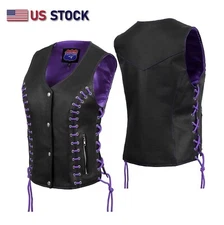 HL14859PURPLEEYELET Women's Purple & Black Buffalo Leather Vest with Eyelet