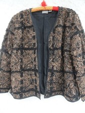 Chico's 1 Dress Jacket Misses L Nylon Silk Brown Black Ruffled Swing Coat MINT