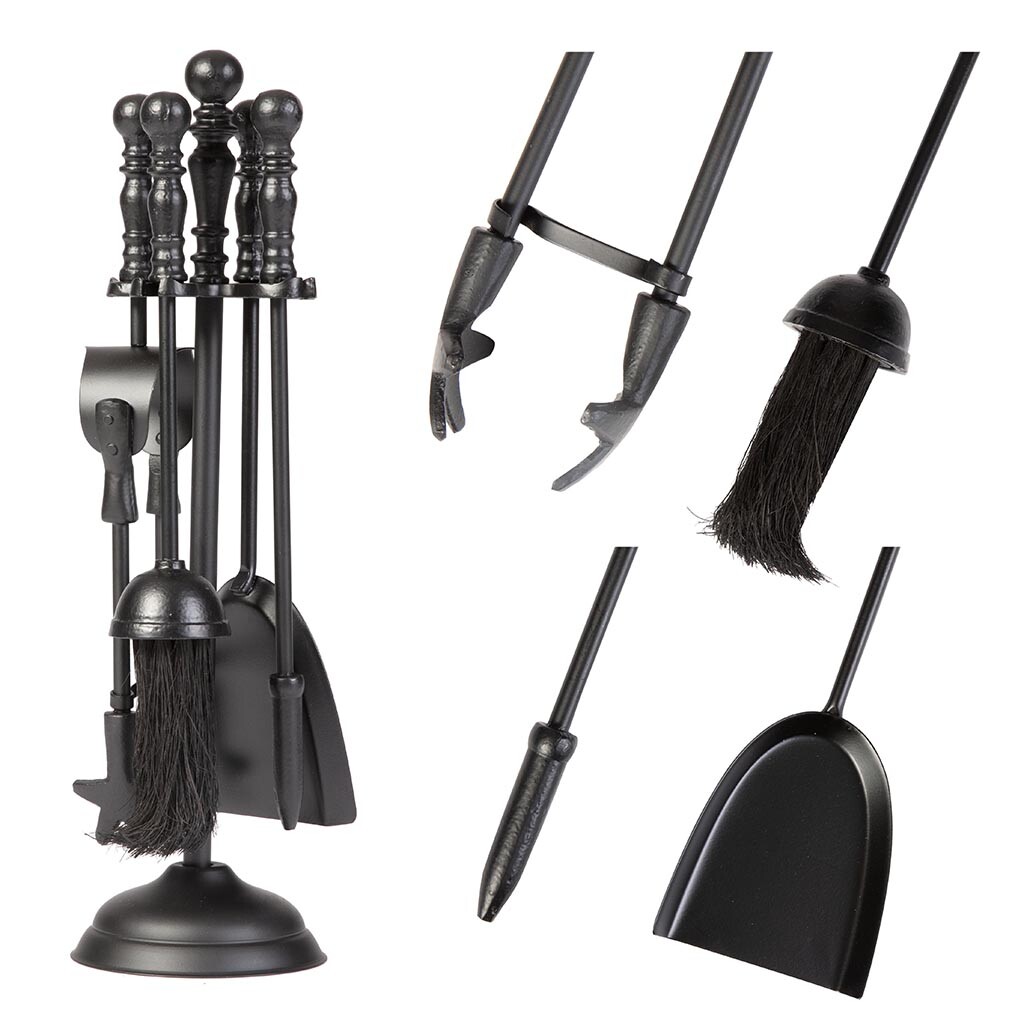 Black Silver Companion Set Fireside 5pc Tools Poker Brush Cast Iron