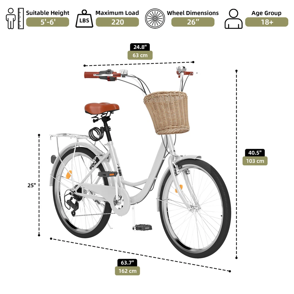 26" Adult Women Cruiser Beach City Bicycle 7 Speed Front Basket Adjustable Seat - Image 3 of 4