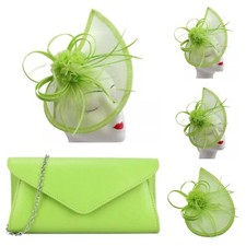 Lime Green Fascinator & Evening Clutch bag Set Women Headband Clip Hat Wedding