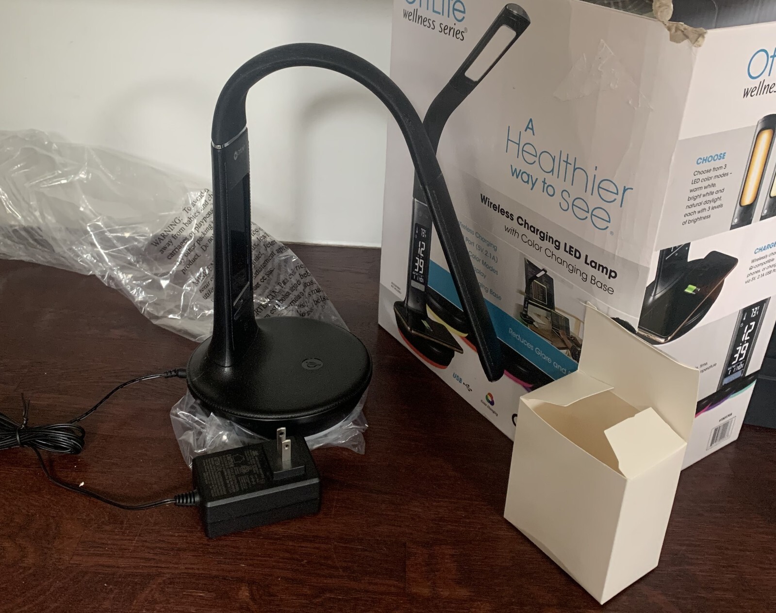 LN OttLite LED Desk Lamp with Clock & Wireless Charging in Black