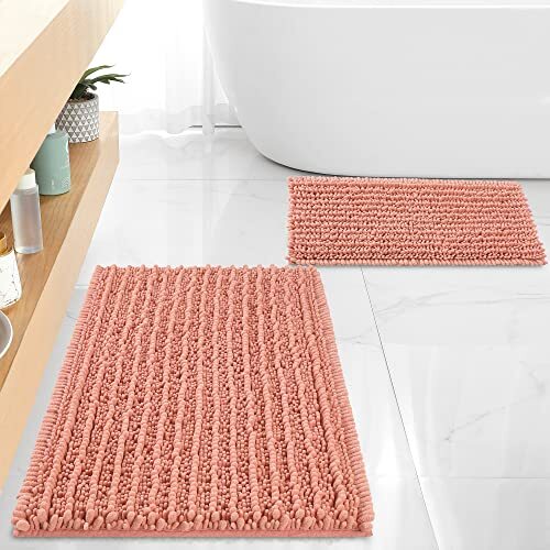 Luxury Chenille Coral Pink Bathroom Rugs Bath Mats Sets Extra Soft and 