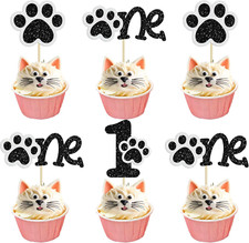 24Pcs Dog Paw One Cupcake Toppers Glitter 1St Birthday Party Cupcake Picks Decor