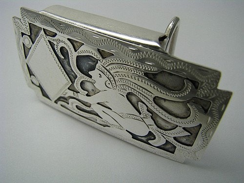HANDMADE STERLING SILVER BELT BUCKLE NIELLO "Mayan Shaman" Guatemala c1960s USED - Picture 4 of 12