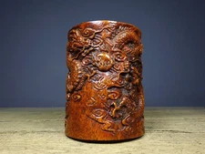 China Old Antique Huanghuali Wood Pure Handcarved Double Dragon Brush Pot