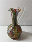 Vtg Fratelli Toso Murano Millefiori Art Glass Vase Pitcher Colorful Floral Flaw