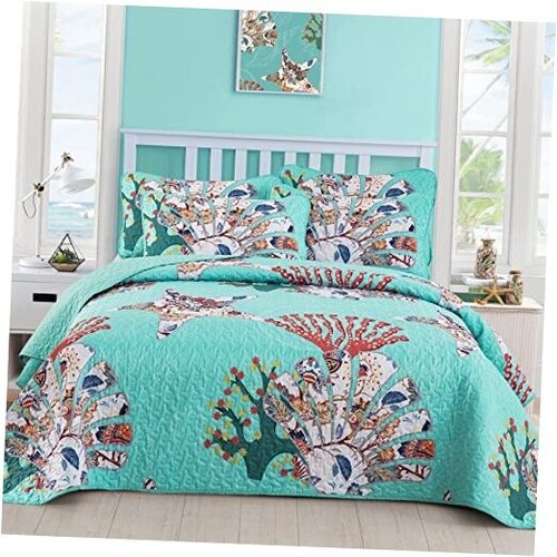 3 Pieces Quilt Set Queen Coastal Quilt Coverlet Set Starfish Aqua Bedspread