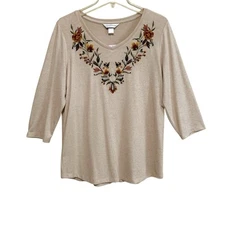 Christopher & Banks Knit Top Womens Size Med Tan Embroidered Floral New With Tag