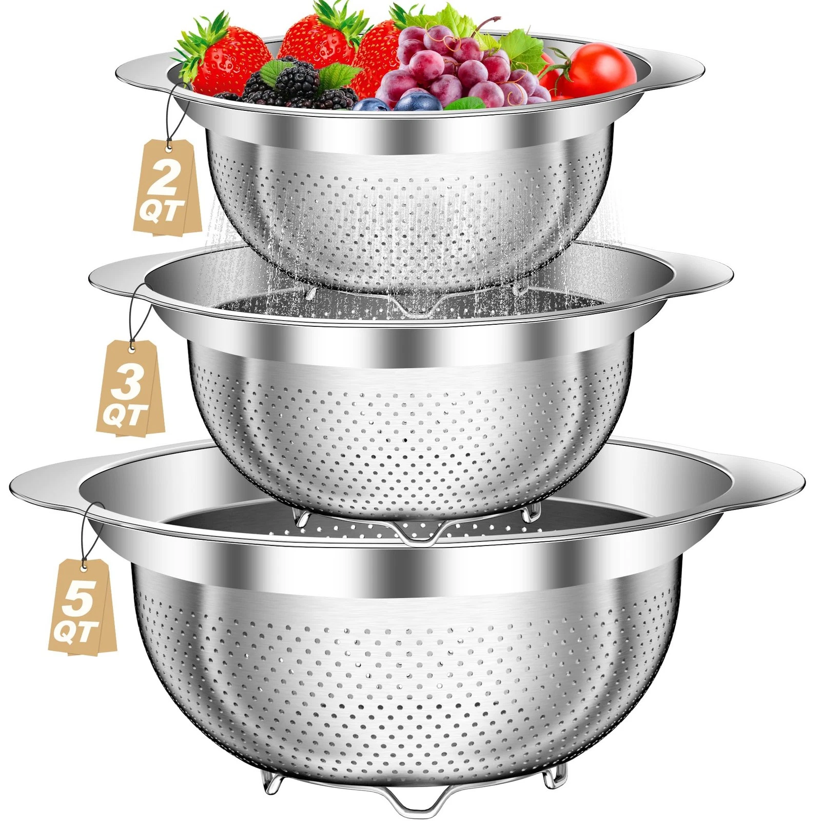 Colander, Stainless Steel Colander for Kitchen, 3Pcs Kitchen Gadget Food Stra...