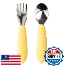 Bumkins Toddler Utensils, Kids Fork & Spoon Set, Silicone/Stainless-Steel
