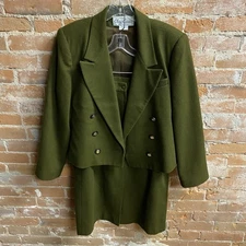 Oleg Cassini Olive Green Double-Breasted Wool Blazer & Skirt Suit Set Women's 12
