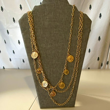 Gold Tone Layered Multi-Strand Cable Chain Coin Charm Necklace Lobster 46”