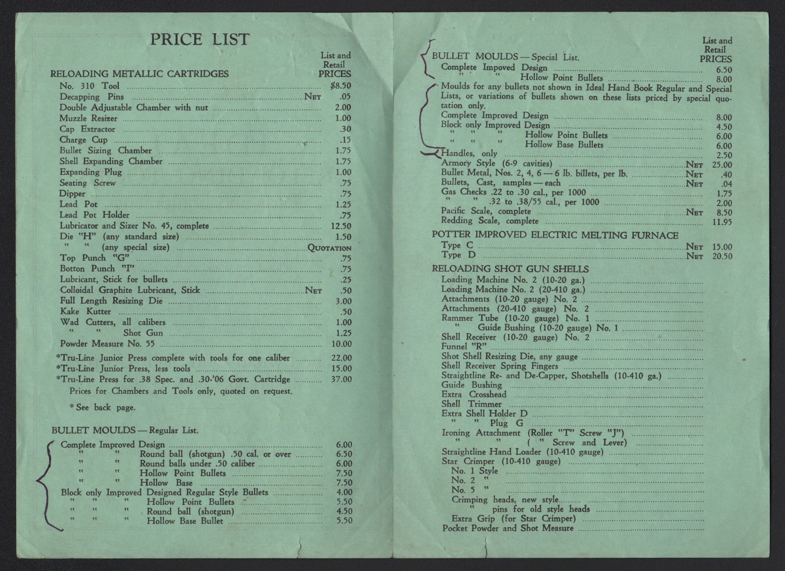 RETAIL PRICE LIST - April 1, 1948 for IDEAL RELOADING, Parts and Equipment