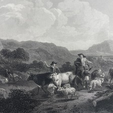 ANTIQUE 19th Century Engraving Etching Art Junk - The Herdsman, Allen
