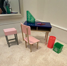 Our Generation School Desk Set w/ Chair Stool Recycling Bin Wastebasket 7pc