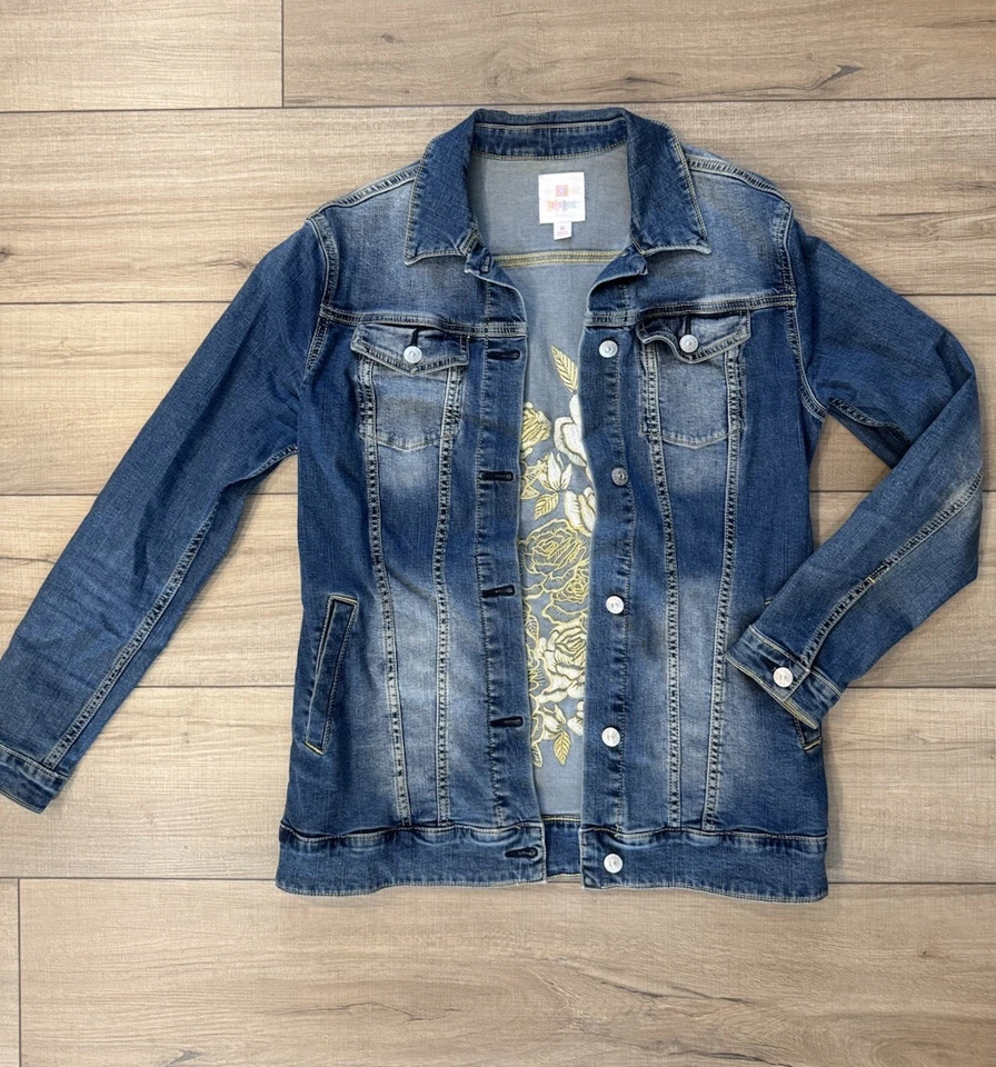 LuLuRoe Mujer M Mediana Dorado Floral Bordado Azul Jean Chaqueta Denim Boho Foto 2 de 2