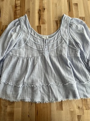 True Craft Plus Size Peasant Top Empire Crinkle Cotton Fringe Baby Blue 0X