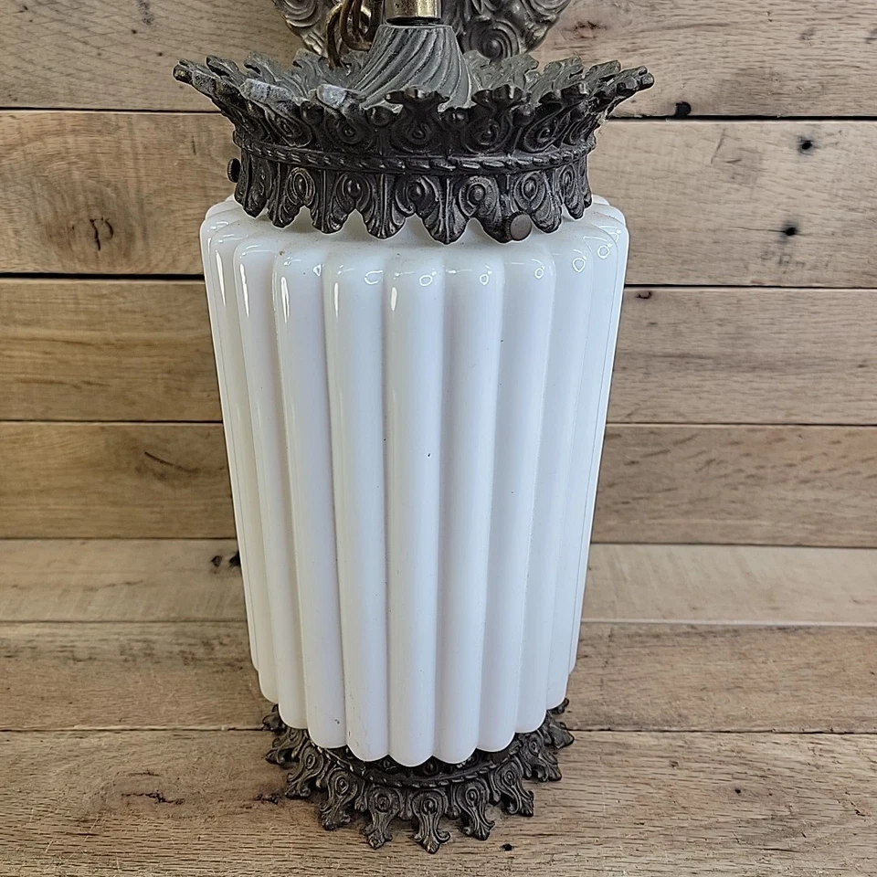 MCM Hanging Light Fixture Ornate Milk Glass & Brass Gothic Revival Swag Lamp - Image 2 of 4