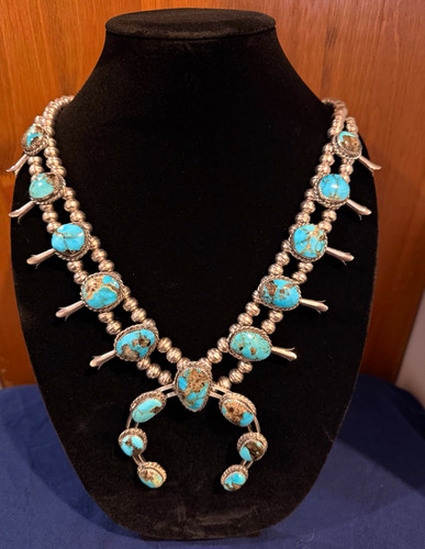 Vintage Southwestern Squash Blossom Necklace Sterling Silver and Turquoise