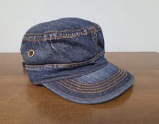 Distressed Blue Denim Voboom Military Cadet Cap. Adjustable. Orange Stitching