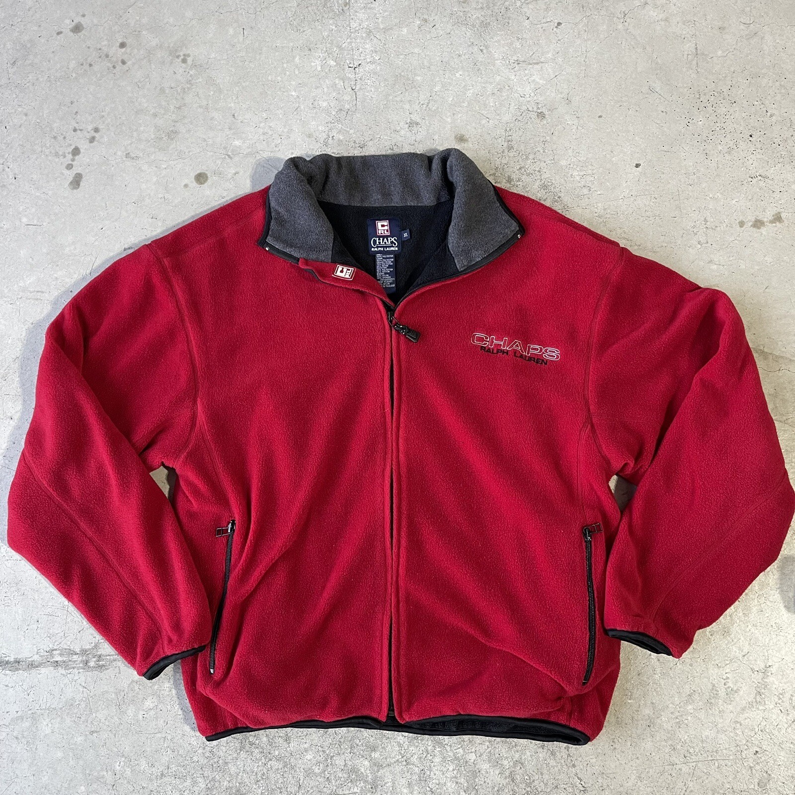 VTG Chaps Ralph Lauren Jacket Men's XL Red Gray Fleece Full Zip Preppy Sweater