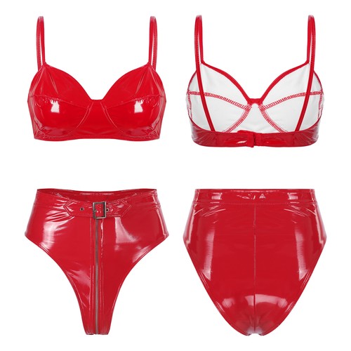 Conjunto de lencería de cuero para mujer Bralette con correa sujetador push up tops y bragas con cremallera - Imagen 12 de 40