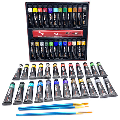 EIMASS  Acrylfarben-Set, 24 x 12 ml verschiedene Farben & 3 kostenlose Pinsel