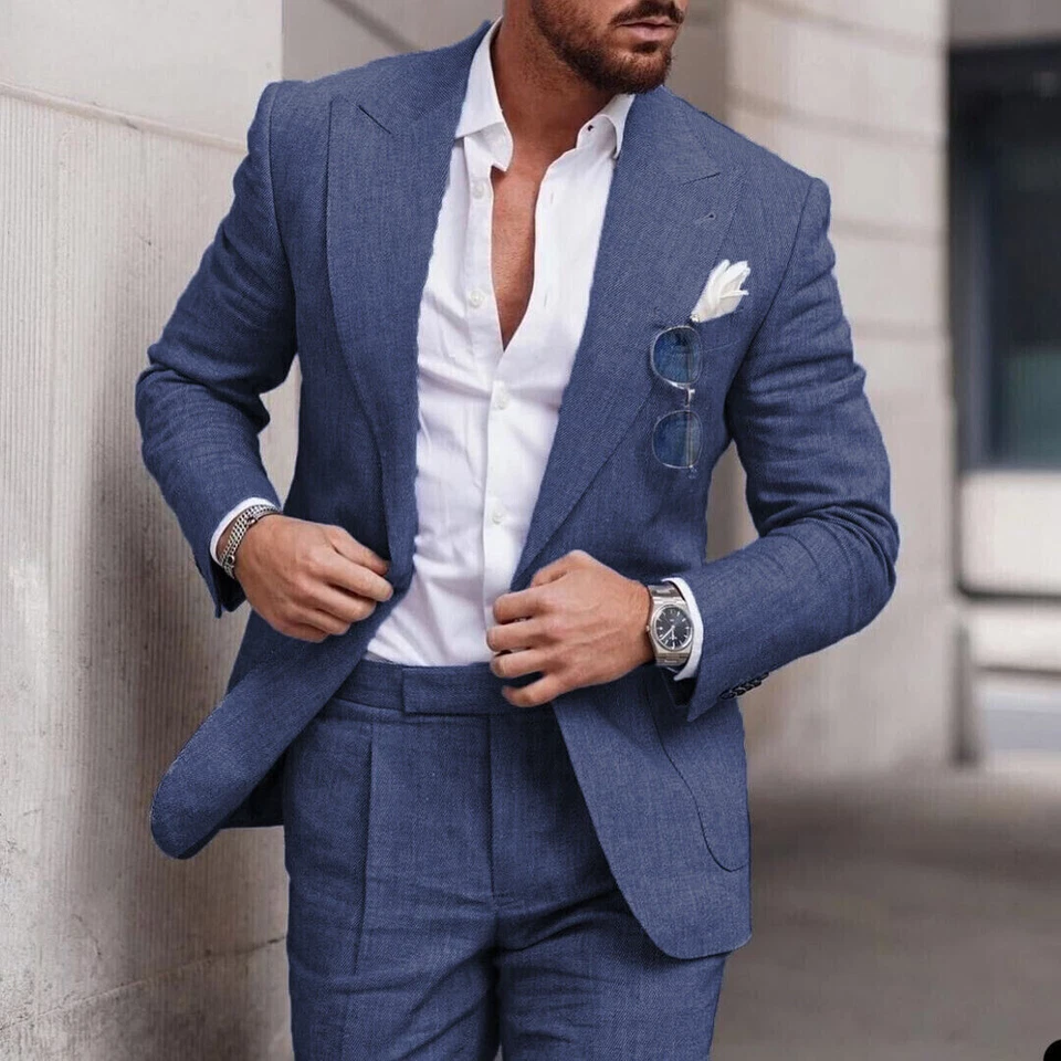 Mens Linen Suits 2PCS Peak Lapel Summer Coat Wedding Groom Casual Blazer Tuxedos - Image 4 of 4