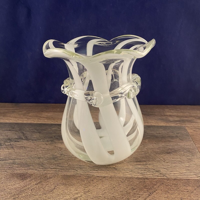 Blown Art Glass White Stripe Fluted Vase w/ Applied Glass Swirls