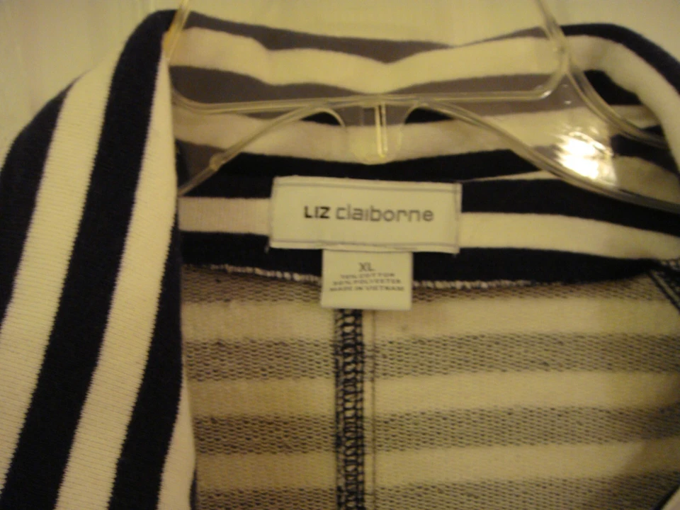 Chaqueta a rayas para mujer LIZ CLAIBORNE azul marino/blanco mangas enrollables náutica talla XL Foto 3 de 4