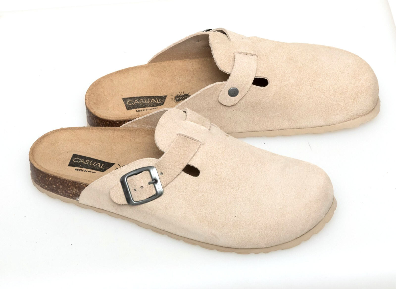 Sandalias de cuero auténtico para mujer zapatillas plantilla orgánica suela de corcho beige