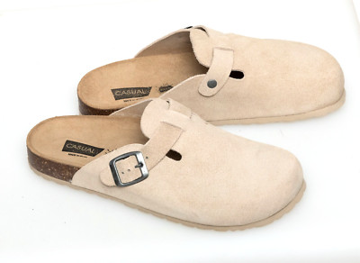 Genuine Leather Mules Womens Sandals Slippers Organic Footbed Cork Sole Beige