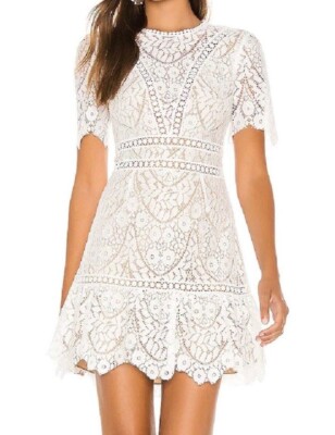 Saylor Darian Lace Mini Dress Open Back Short Sleeve Scalloped Hem White Sz  L | eBay