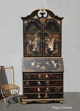 Vintage Black Lacquered Asian Chinoiserie Cabinet Secretary Desk w Bookcase