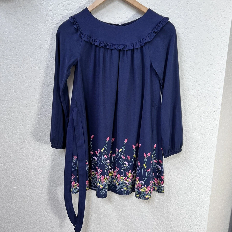 Vestido Gap Niños Niñas 8 Azul Marino Floral Volantes Borde Corbata Cinturón Manga Larga Rayón Foto 2 de 4
